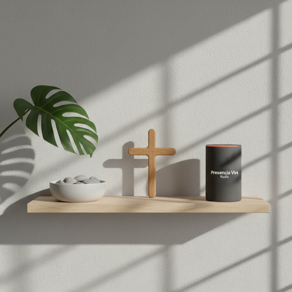 A minimalist, modern home altar shelf featuring a small, simple wooden cross, a matte white ceramic bowl with smooth pebbles, and a compact smart speaker with a subtle glowing ring and the text "Presencia Viva Radio" on its top surface. The shelf is mounted on a light grey wall with a single green plant leaf entering from the side, adding organic color. Soft afternoon light falls from a nearby window, creating gentle, elongated shadows that emphasize form and texture. Photographic realism, shot at eye level with a clean, airy composition and plenty of negative space, conveying the idea of spiritual radio as a peaceful, integrated presence in everyday home life.