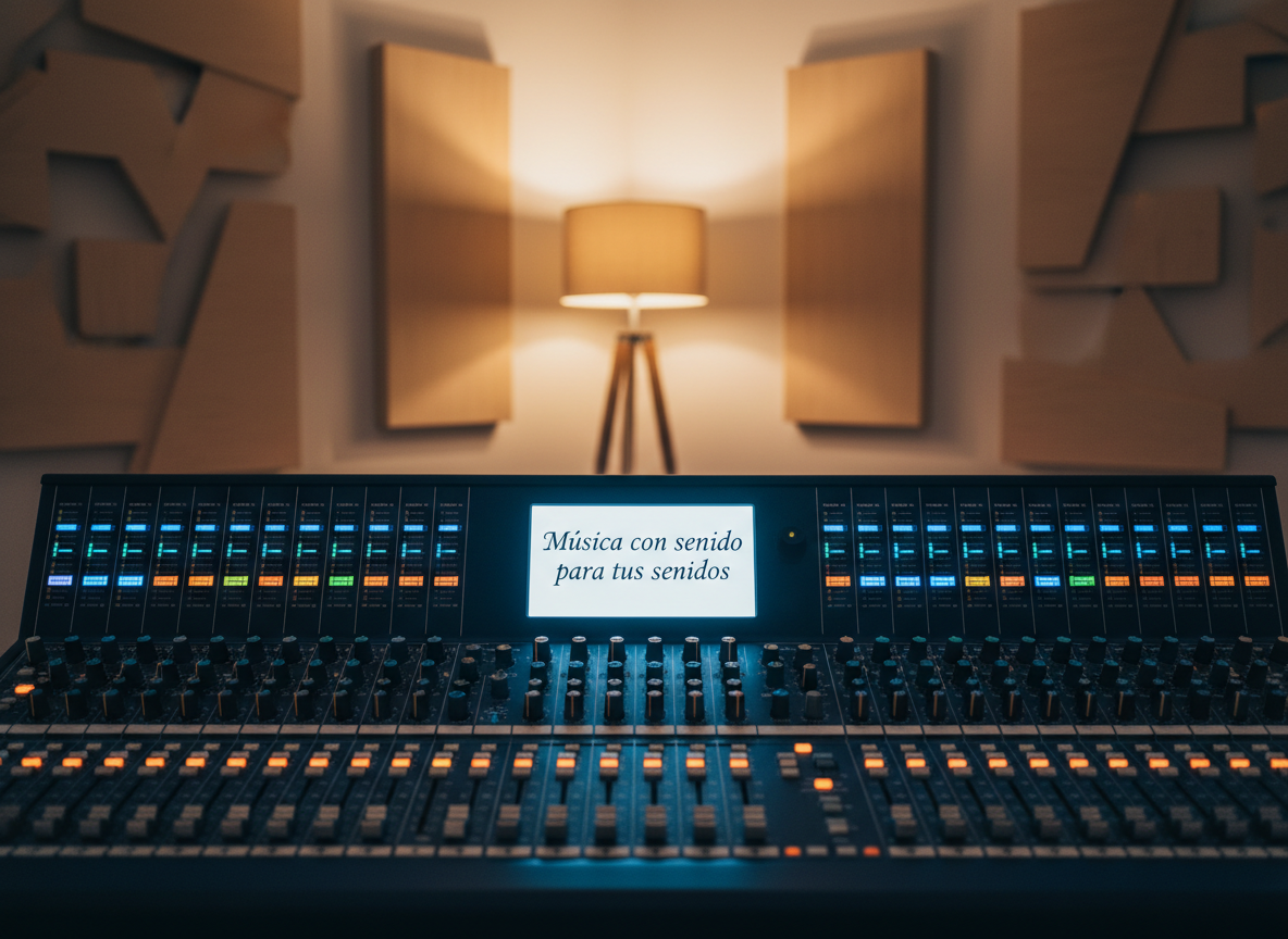An elegant, dark navy sound mixing console with glowing multicolored LED level meters, gently rising and falling as if following a serene musical track. In the center, a small, luminous display quietly shows "Musica con sentido para tus sentidos" in refined typography. The console is set in a tidy, modern studio, with wooden acoustic panels and a single soft lamp casting warm, diffused light across the controls. The mood is contemplative and ordered, suggesting purposeful curation of spiritual music. Photographic realism, shot from a slightly elevated angle, with a moderate depth of field that keeps the main controls sharp while the rest falls into a gentle blur, emphasizing focus and professionalism.