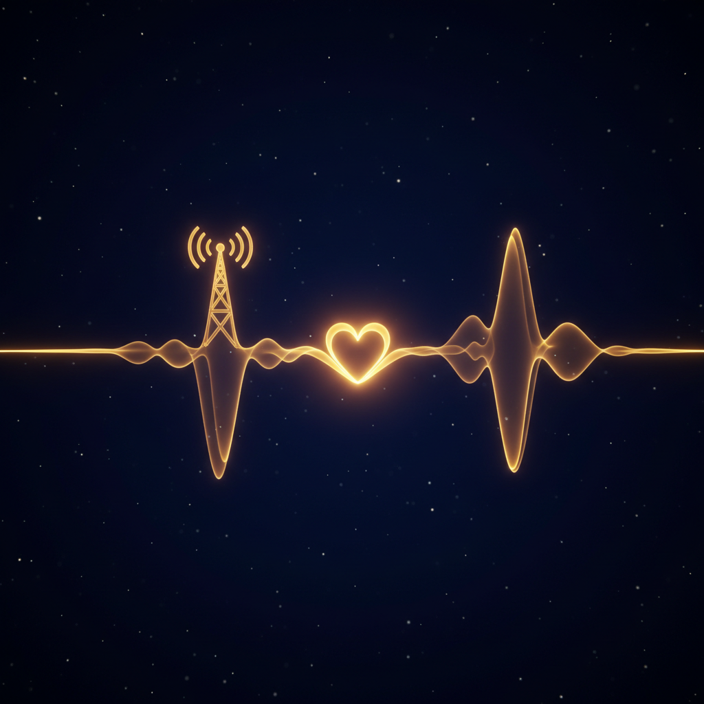 An abstract yet photographic close-up of a luminous golden sound wave traveling horizontally across a deep indigo background, its peaks and valleys subtly forming the outline of a stylized radio tower and a small, glowing heart at the center. Tiny, scattered points of light resemble distant stars, suggesting a vast, spiritual soundscape. A soft halo of light surrounds the central heart shape, creating a sense of warmth and presence. The lighting is dramatic, with the wave itself appearing self-illuminated against a dark, velvety backdrop. Shot as a macro-style image with sharp focus on the waveform and gentle falloff toward the edges, conveying the concept of music with meaning that touches the senses and the soul.
