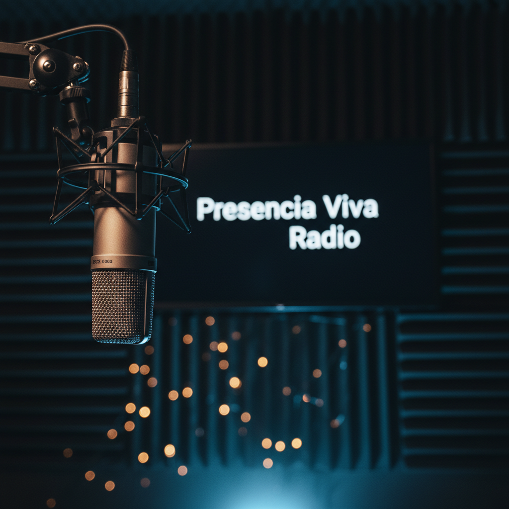 A high-end condenser microphone suspended in front of a black acoustic foam wall, with the words "Presencia Viva Radio" softly illuminated on a minimalist LED screen positioned behind it. The microphone’s metallic mesh and matte black body are captured in crisp photographic detail, with subtle reflections from cool studio spotlights above. A soft, ethereal blue light glows from below, suggesting spiritual depth and calm. The background blurs into bokeh lights like distant stars, reinforcing a sense of connection and transcendence. Shot from a low, close-up angle, composition using rule of thirds, cinematic and professional, conveying the idea of spiritual radio content as both intimate and powerful.