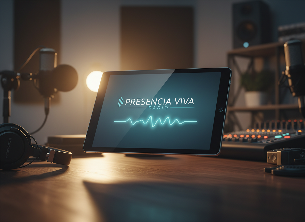 A sleek, modern internet radio interface displayed on a floating, ultra-thin black glass tablet, its screen glowing with a clean "Presencia Viva Radio" logo and an elegant waveform pulsing gently to the rhythm of music. The device rests on a reflective dark wooden surface in a softly lit studio environment, surrounded by out-of-focus audio equipment and warm amber indicator lights. A subtle beam of golden hour light enters from the left, catching the tablet’s polished edges and creating soft reflections. Photographic realism, shot at eye level with a shallow depth of field, emphasizing clarity, professionalism, and a calm spiritual atmosphere that feels both high-tech and deeply serene.