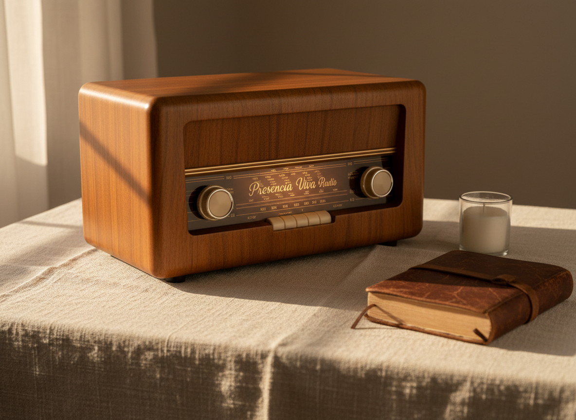 A still life of a classic wooden tabletop radio, beautifully restored with smooth walnut veneer, chrome knobs, and a softly glowing amber dial tuned to "Presencia Viva Radio". The radio sits on a simple linen cloth, beside a closed leather-bound journal and a small, unlit candle in a glass holder, hinting at quiet reflection. Soft morning light filters through an unseen window, casting long, gentle shadows and revealing fine textures in the wood and fabric. Photographic realism with a warm, slightly nostalgic color palette, framed in a centered composition with shallow depth of field, evoking a peaceful, spiritual atmosphere where meaningful music accompanies moments of introspection.