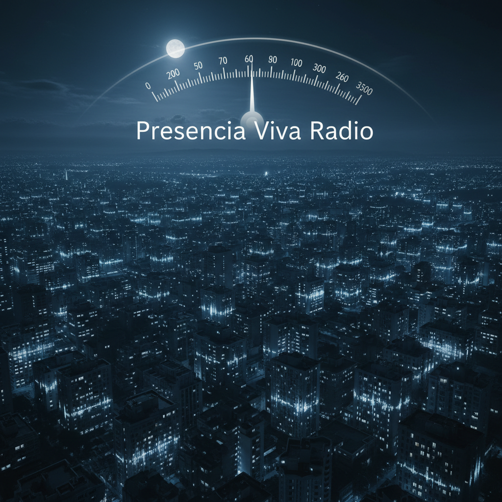 A serene nighttime cityscape viewed from above, all buildings reduced to soft silhouettes, while countless tiny windows emit a gentle, synchronized glow that subtly pulses like a breathing light to the rhythm of an unseen radio broadcast. A translucent overlay of a crisp radio frequency dial labeled "Presencia Viva Radio" arcs across the sky, rendered with photographic realism but slightly ethereal. The scene is lit by cool moonlight and a faint bluish haze, with atmospheric depth fading into the distance. Shot with a wide-angle, cinematic composition, the mood is calm, contemplative, and spiritually connected, suggesting a radio station silently uniting listeners across an entire city through meaningful music.
